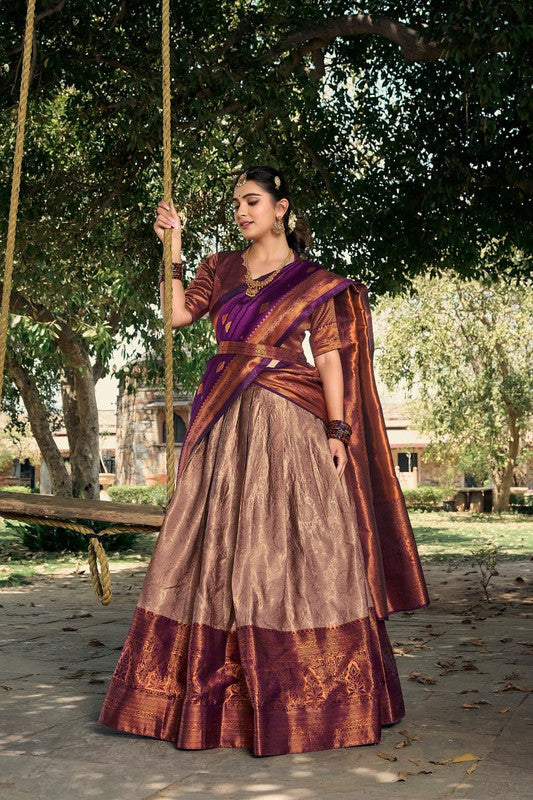 Brown & Multi Coloured Jacquard Silk with Zari Weaving Work Women Ethnic Party wear Lehenga choli ( Half Saree) with Dupatta & Belt!!