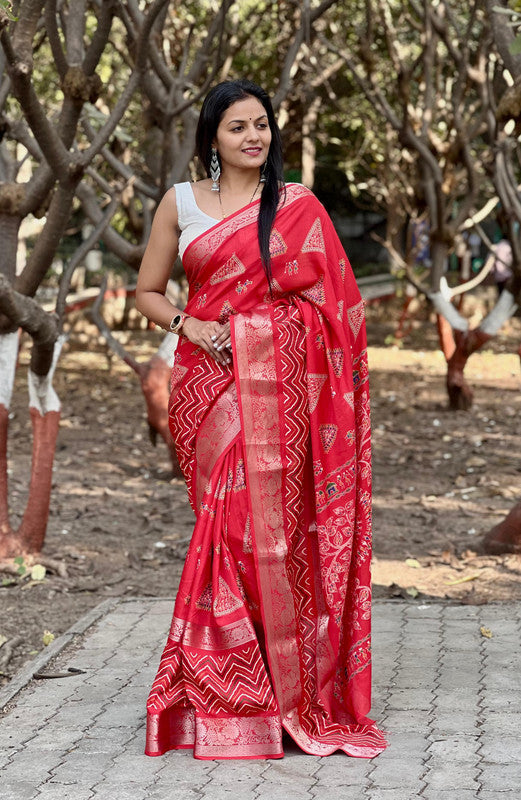 Red & Multi Coloured with 9 Inch Patta with Leheriya work, Jacquard Border Women Designer Dola Silk Saree with Blouse!!