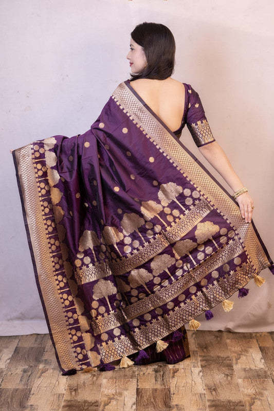 Wine Coloured with Zari Woven Women Ethnic/Festival wear Banarasi Tree Design Soft Silk Saree with Zari Woven Blouse!!