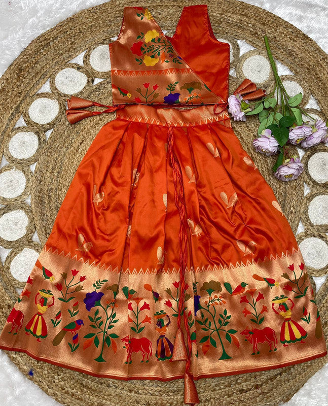 Orange Coloured Paithani Silk with Beautiful Zari Weaving Work with Full Inner Designer Girls Kids Designer Ethnic/Party wear Lehenga Choli!!