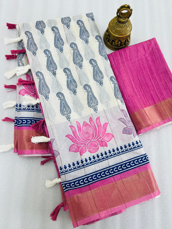 White & Pink Coloured Handloom Weaving with Gold jari border & Digital Print Women Party/Casual wear Cotton Saree with Blouse!!