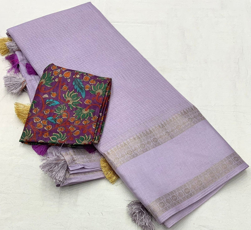 Lavender Coloured Kota Silk with Zari & Shine Sartin Woven Bentex Border Women Ethnic/Festival wear Plain Kota Silk Saree with Kalamkari Blouse!!