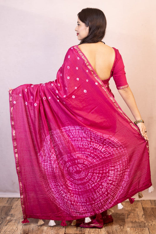 Rani Pink Coloured Chanderi Cotton with Bandhani Print & Big Tied Pallu Women Party/Festival wear Chanderi Cotton Saree with Aari Mirror Blouse!!