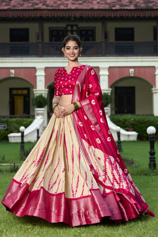 Dark Pink & Off White Coloured Dola Silk & Shibori Print with Zari Weaving Border Women Ethnic Festival wear Lehenga Choli & Dupatta!!