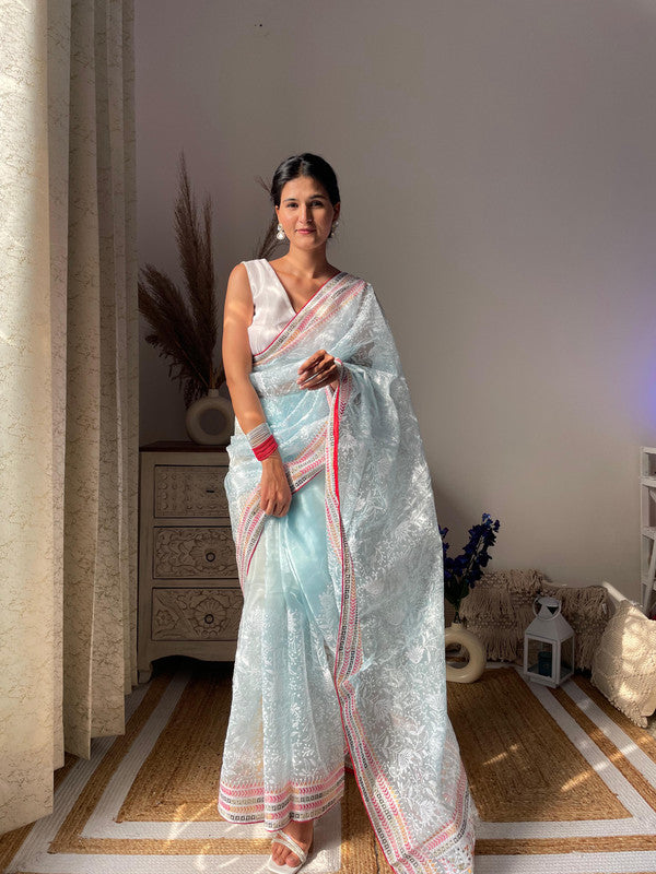 Sky Blue & Multi Coloured Organza Cotton with Lucknowi & Multi Thread Work Women Party/Fancy wear Organza Saree with Silk Blouse!!