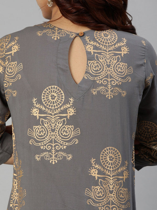 Grey & Gold Coloured Pure Cotton with Foil printed Round neck Three-quarter Sleeves Women Designer Party/Casual wear Kurta with Sharara & Dupatta!!