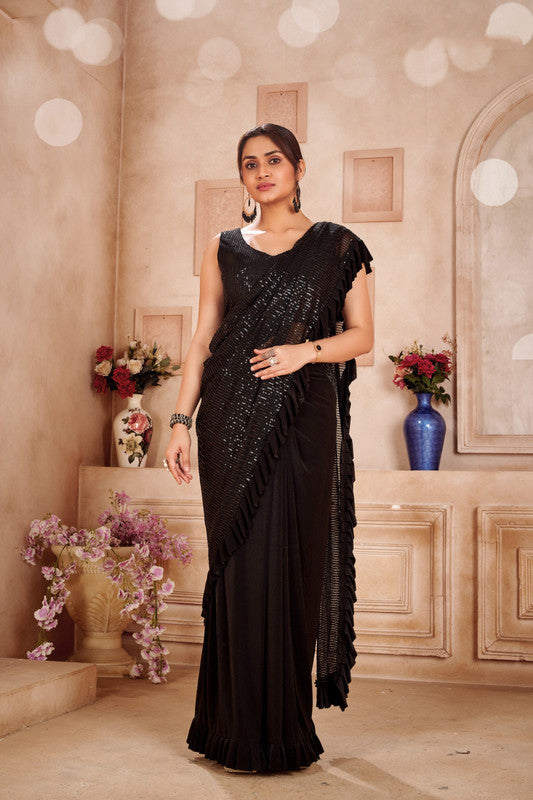 Black Coloured with Imported Fabric & Sequence Work Women Designer Fancy Ready to wear Saree with Sequence Blouse!!
