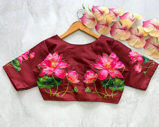 Maroon Coloured Pure Silk with Floral Print & Antique Hand Crafted Work Woman Designer Boutique Style Ready made Blouse - 38 Size Fits Up to 42 Inch!!