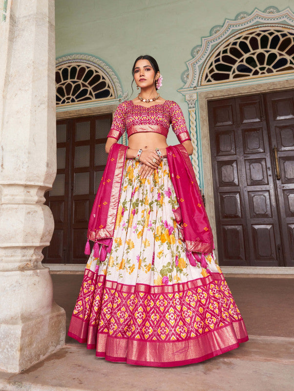 Dark Pink & Multi Coloured Tussar Silk Floral & Patola Print with Foil Work Woman Designer Party wear Lehenga Choli & Dupatta!!