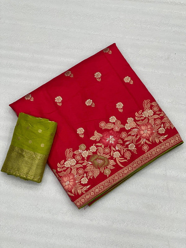 Red & Multi Coloured Dolla silk with Meenakari & Zari Weaving Work Women Ethnic wear Soft Silk Saree with Contrast Running Blouse!!