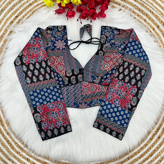 Blue & Multi Coloured Pure Cotton with Ajrakh Work Woman Designer Ethnic/Partywear Ready made Blouse - 38 Size Fits Up to 40 Inch!!