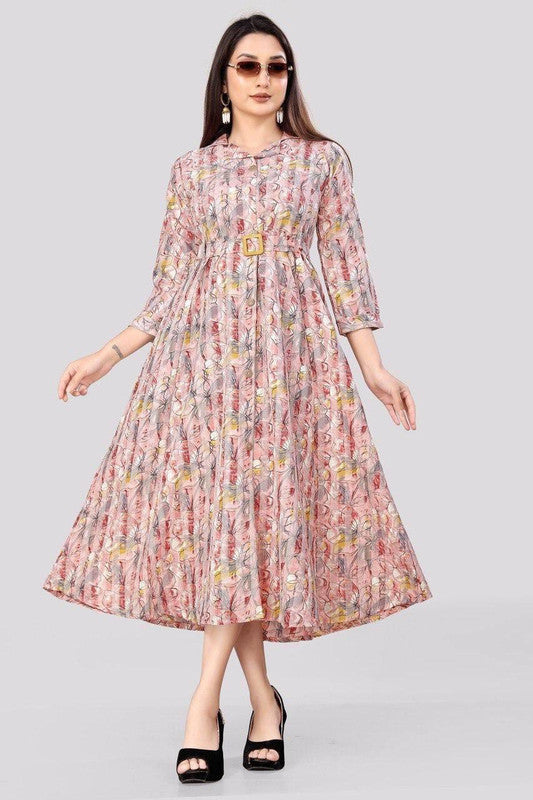 Pink & Multi Coloured Mill Print Cotton Rayon Collar Neck 3/4 Sleeves Women Party/Casual wear Tunic Top One Pice Midi dress!!