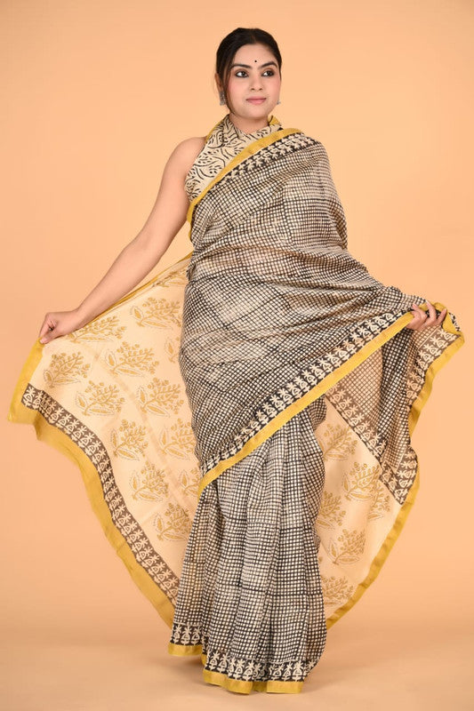 Mustard Yellow & Multi Coloured Chanderi Silk with Hand Block Printed Women Party/Traditional Wear Chanderi Silk Saree with Blouse!!