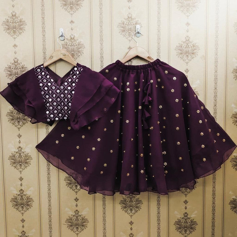 Wine Coloured Heavy Faux Georgette with Miror, Embroidery Sequence and Moti Work Designer Girls Kids Designer Ethnic wear Frill Ghagra Choli set!!