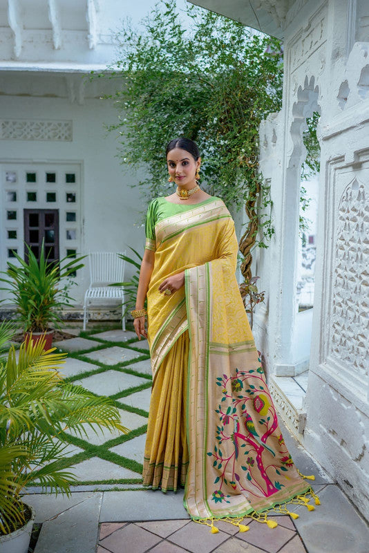 Yellow with Green & Multi Coloured Soft Kanjivaram Silk with Rich Paithani Pallu Women Ethnic/Festival wear Soft Silk Saree with Contrast Blouse!!