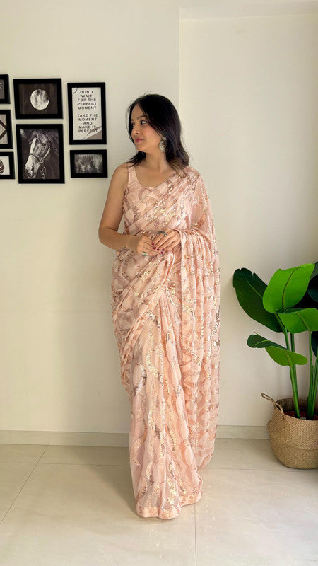 Light Peach Coloured with Dual Sequence work with back patch support lace border Women Designer Fancy Georgette Saree with Sequence Blouse!!