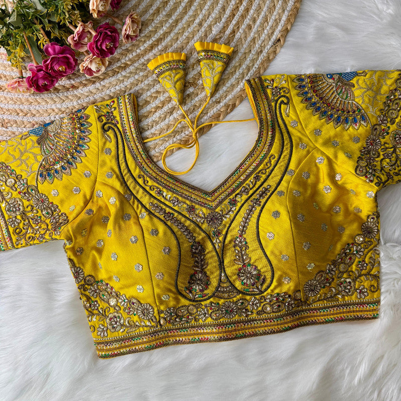 Yellow Coloured Italian Silk with 3D Sequence & Unique Embroidery Work Woman Peacock Bridal Long Sleeves Designer Ready made Blouse - 40 Size Fits Up to 42 Inch!!