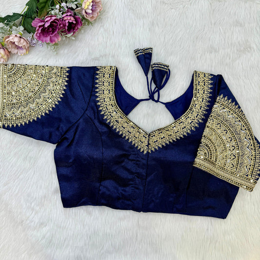 Navy Blue Coloured Heavy Soft Milan Silk with Tricot Fuising, Embroidery, Thread & Sequence Woman Designer Partywear Ready made Blouse - 40 Size Fits Up to 42 Inch!!