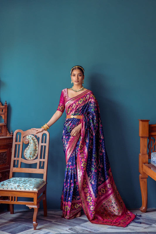 Blue with Pink & Multi Coloured Banarasi Silk Paithani Patola Meenakari Work Women Ethnic wear Soft Silk Saree with Contrast Brocade Blouse!!