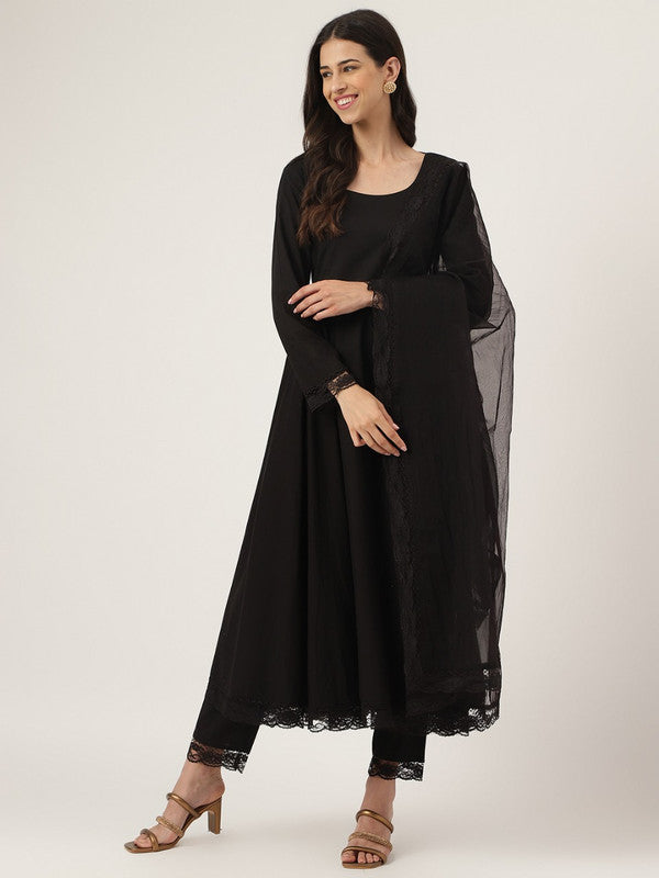 Black Coloured Cotton Solid Empire style Round neck, long regular sleeves Women Designer Party/Casual wear Anarkali Kurta with Trousers & Dupatta!!