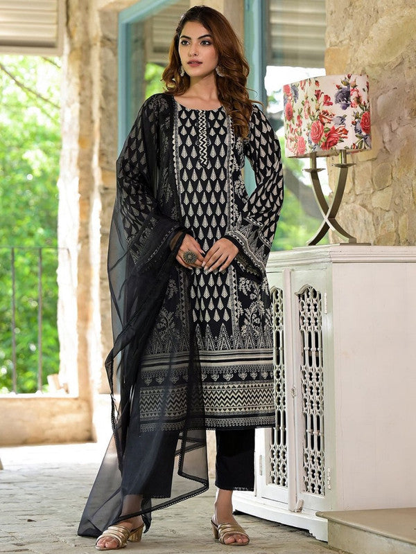 Black with Half White Coloured Pure Cotton with Ethnic Motifs Print Woman Party/Casual wear Designer Kurta with Trousers & Cotton Dupatta!!