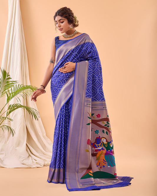 Blue & Multi Coloured Pure Heavy Bandhani weaving with Paithani pallu Women Ethnic/Party wear Silk Saree with Blouse!!