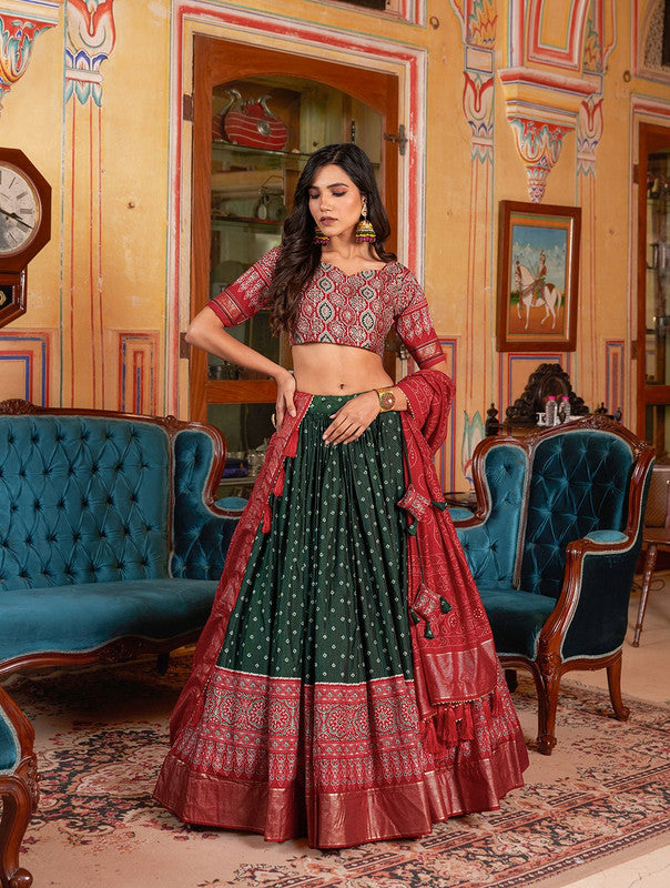 Green & Maroon Coloured Dola Silk Bandhani & Ajarakh Print with Foil Work Woman Designer Party wear Lehenga choli & Dupatta!!