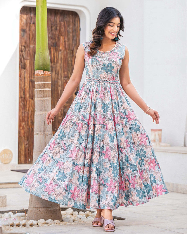 Rama Blue with Pink & Multi Coloured Heavy Rayon with Beautiful Solid Print Women Party/Casual wear Stunning Gown Kurti!!