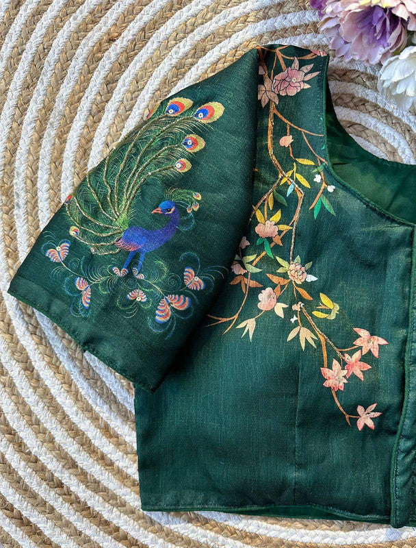 Green & Multi Coloured Silk with hand work Woman Designer Ethnic/Partywear Ready made Boutique Style  Blouse - 38 Size Fits Up to 42 Inch!!