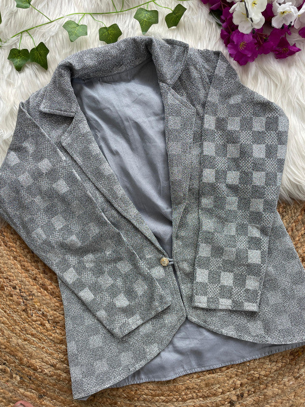 Grey Coloured Shining Checks Emboss Woman Designer Ethnic/Partywear Ready made Collar Style Fancy Jacket - 38 Size Fits Up to 42 Inch!!