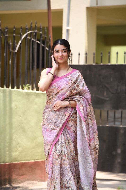 Pink & Multi Coloured Heavy Linen with Beautiful Digital Print Women Party/Casual wear Cotton Saree with Running Blouse!!