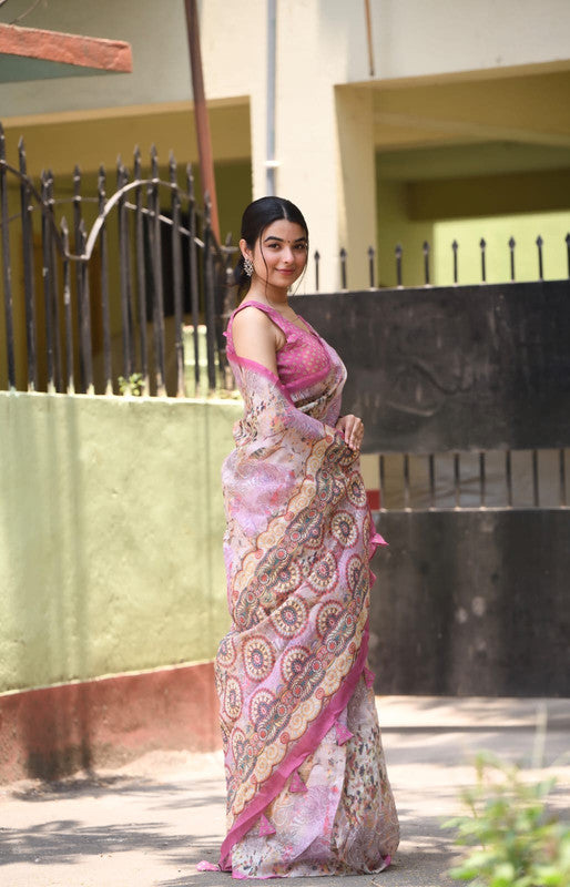 Pink & Multi Coloured Heavy Linen with Beautiful Digital Print Women Party/Casual wear Cotton Saree with Running Blouse!!