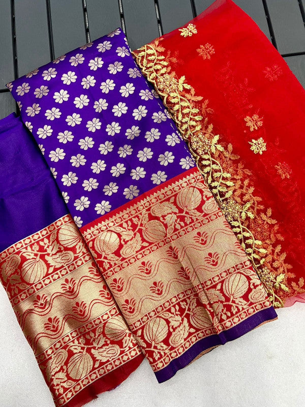 Red & Blue Coloured Kanjivaram Pattu Silk with Zari Women Ethnic Party wear Lehenga choli ( Half Saree) & Banarasi Silk Dupatta!!