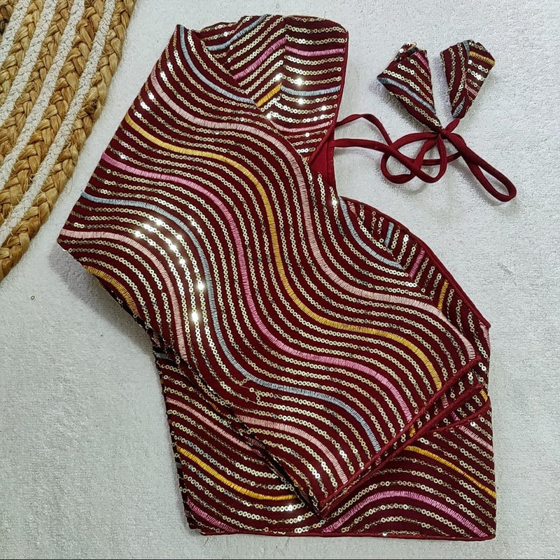 Maroon & Multi Coloured Heavy Georgettet with Sequence work Woman Designer Ethnic/Partywear Ready made Sequence Blouse - 38 Size Fits Up to 42 Inch!!