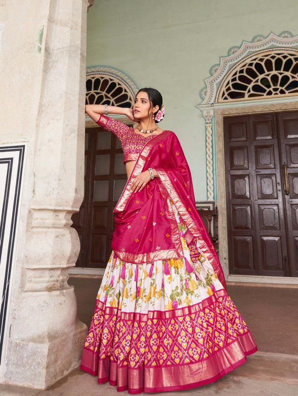 Dark Pink & Multi Coloured Tussar Silk Floral & Patola Print with Foil Work Woman Designer Party wear Lehenga Choli & Dupatta!!