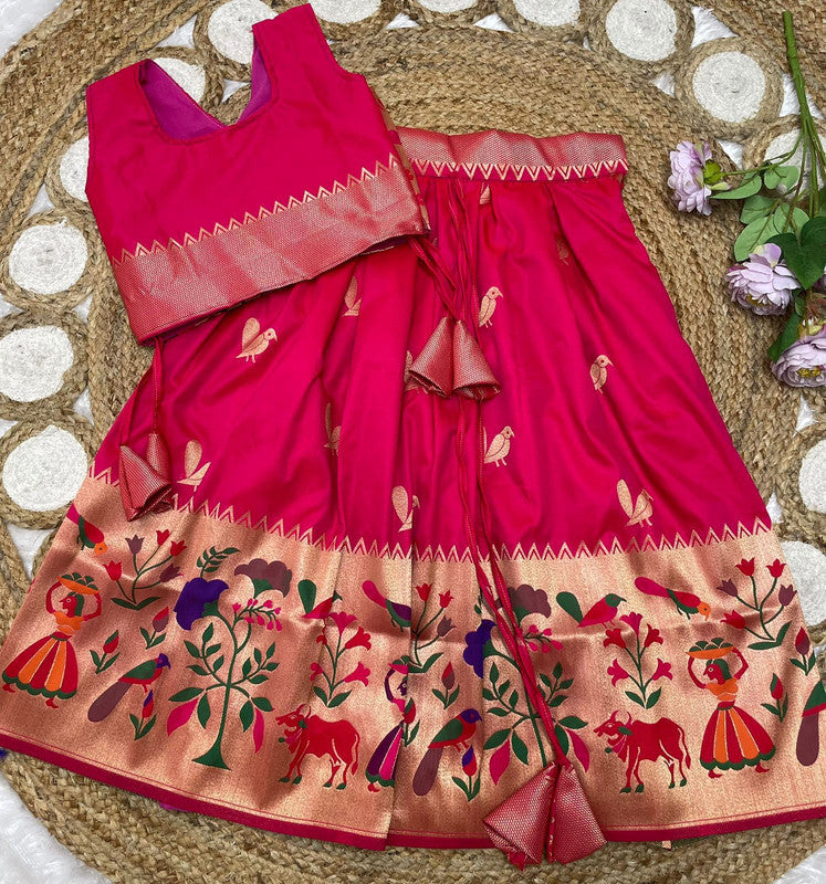 Dark Pink Coloured Paithani Silk with Beautiful Zari Weaving Work with Full Inner Designer Girls Kids Designer Ethnic/Party wear Lehenga Choli!!