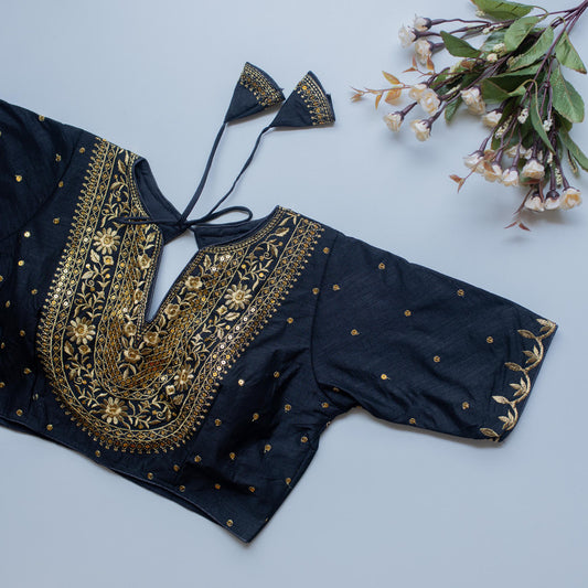 Navy Blue Coloured Olive Silk with Golden Embroidery with Sequence Work Woman Designer Ethnic/Partywear Ready made Blouse - 38 Size Fits Up to 40 Inch!!