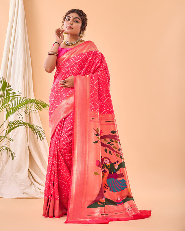 Dark Pink & Multi Coloured Pure Heavy Bandhani weaving with Paithani pallu Women Ethnic/Party wear Silk Saree with Blouse!!