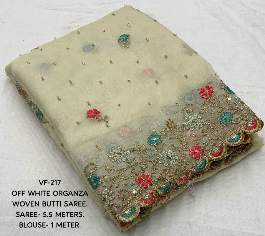 Off White Coloured Soft Organza with Zari woven, Sequence Embroidery work Women Ethnic/Party wear Organza Butti Saree with Blouse!!