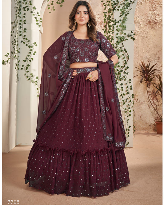 Wine Coloured Faux Georgette Thread & Sequence Embroidery Work Woman Designer Party wear Lehenga Choli & Dupatta!!