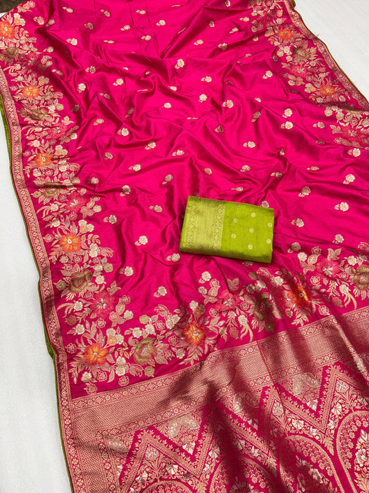 Dark Pink & Multi Coloured Dolla silk with Meenakari & Zari Weaving Work Women Ethnic wear Soft Silk Saree with Contrast Running Blouse!!