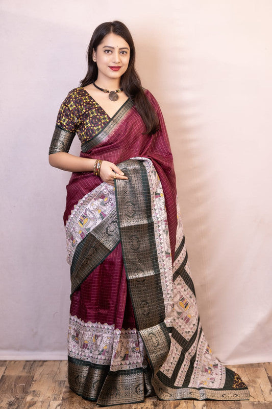 Wine Coloured Soft Cotton with Madhubani Chex & Jacquard Border Women Party/Festival wear Soft Cotton Saree with Kalamkari Print Blouse!!