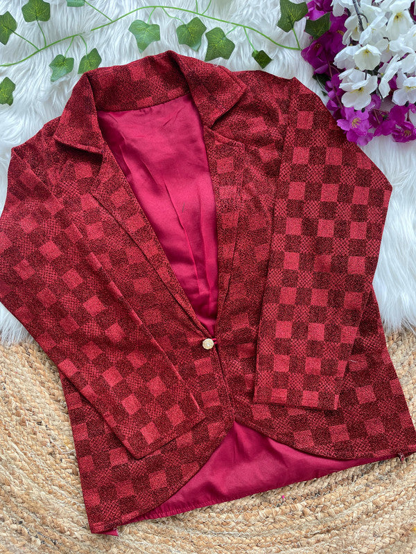 Red Coloured Shining Checks Emboss Woman Designer Ethnic/Partywear Ready made Collar Style Fancy Jacket - 38 Size Fits Up to 42 Inch!!