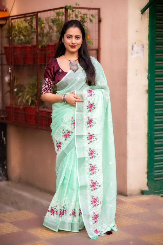 Sea Green Coloured Pure Linen Cotton with Silver Zari & White thread Multi Embroidery Chikankari Work Linen Saree with Phantom Silk Blouse!!