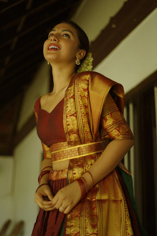 Maroon & Gold Coloured Narayan pet (Cotton) with Zari Weaving Work Women Ethnic Party wear Lehenga choli ( Half Saree) with Dupatta & Belt!!