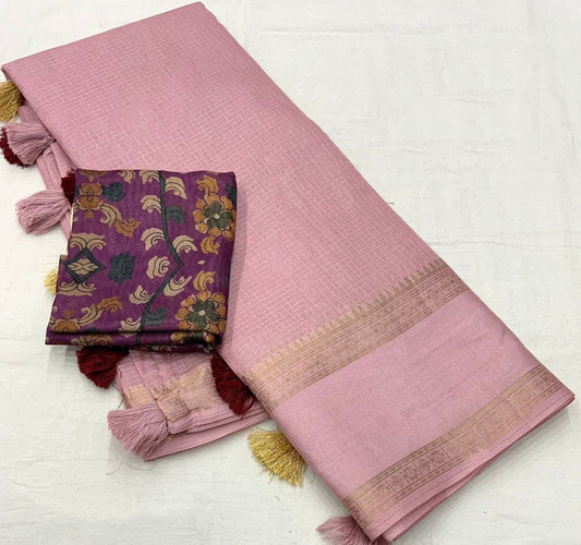 Dusty Pink Coloured Kota Silk with Zari & Shine Sartin Woven Bentex Border Women Ethnic/Festival wear Plain Kota Silk Saree with Kalamkari Blouse!!