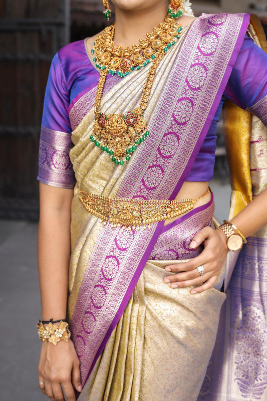 Gold with Purple Coloured Pure Soft silk with Exclusive Zari border Women Party/Festival Wear Soft silk Saree with Blouse!!