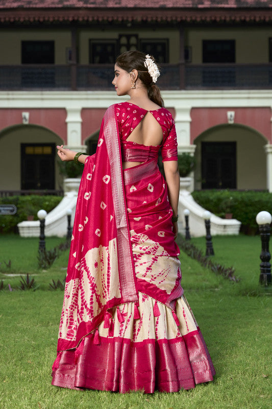 Dark Pink & Off White Coloured Dola Silk & Shibori Print with Zari Weaving Border Women Ethnic Festival wear Lehenga Choli & Dupatta!!