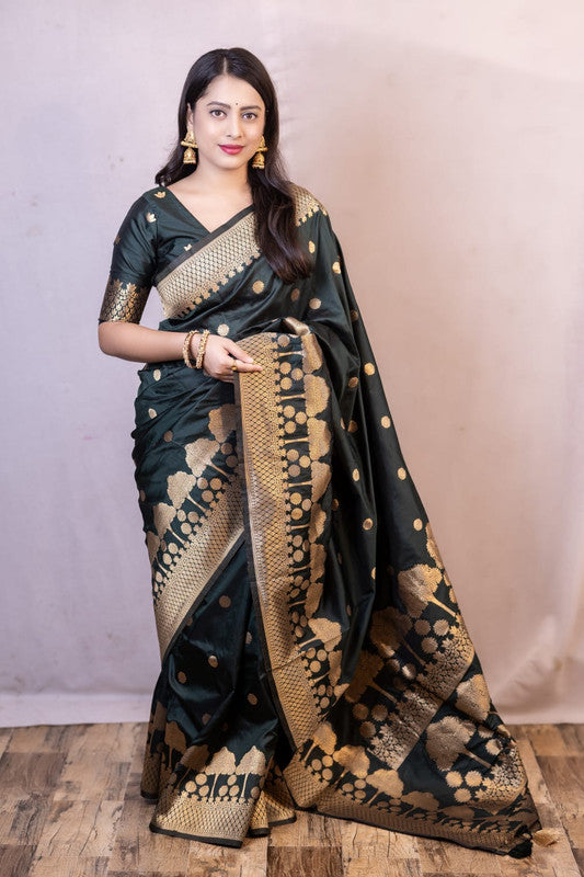 Bottle Green Coloured with Zari Woven Women Ethnic/Festival wear Banarasi Tree Design Soft Silk Saree with Zari Woven Blouse!!