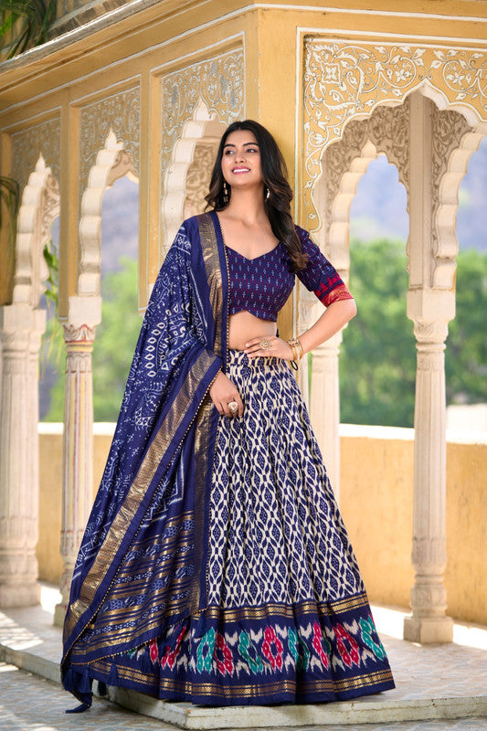 Blue & Multi Coloured Tussar Silk with Beautiful Ikkat Print & Foil work Women Ethnic Festival wear Lehenga Choli & Dupatta!!